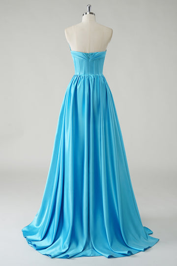 Glitrende blå A-linje stropløs pailletkorset lang gallakjole